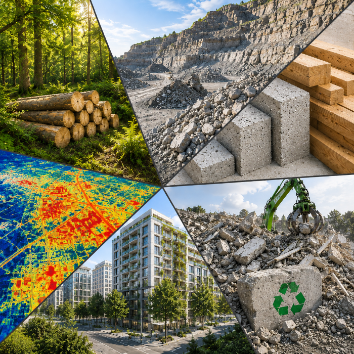 Collage showing raw materials (wood, stone), construction materials, recycling, buildings in a city, city heat map.